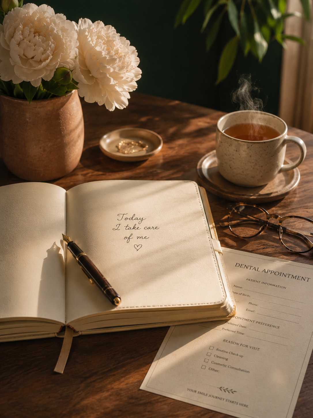 Journal reading 'Today I take care of me' — your first step toward a better smile at Dental Central
